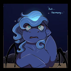 Size: 1110x1106 | Tagged: safe, artist:binibean, princess luna, comic:soul snatcher au, female, filly, filly luna, floppy ears, foal, g4, glowing, imported from derpibooru, looking up, outdoors, pegasus, pegasus luna, pony, race swap, solo, teary eyes, woona, younger