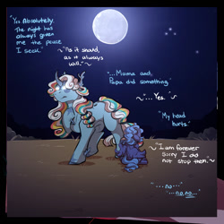 Size: 1066x1067 | Tagged: safe, artist:binibean, princess luna, comic:soul snatcher au, dialogue, duo, duo male and female, female, filly, filly luna, foal, full moon, g4, glowing, glowing eyes, imported from derpibooru, looking up, male, moon, outdoors, pegasus, pegasus luna, pony, race swap, sitting, stallion, starry night, tree of harmony, woona, younger