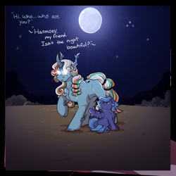 Size: 1066x1067 | Tagged: safe, artist:binibean, princess luna, comic:soul snatcher au, dialogue, duo, duo male and female, female, filly, filly luna, foal, full moon, g4, glowing, glowing eyes, imported from derpibooru, male, moon, outdoors, pegasus, pegasus luna, pony, race swap, sitting, smiling, stallion, starry night, tree of harmony, woona, younger