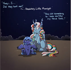 Size: 1008x995 | Tagged: safe, artist:binibean, princess luna, comic:soul snatcher au, alicorn, blank eyes, dialogue, duo, duo male and female, female, filly, filly luna, foal, g4, imported from derpibooru, male, outdoors, pegasus, pegasus luna, pony, race swap, stallion, starry night, tree of harmony, woona, younger