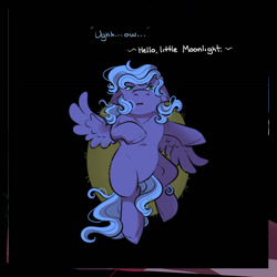 Size: 1066x1067 | Tagged: safe, artist:binibean, princess luna, comic:soul snatcher au, black background, dialogue, female, filly, filly luna, floppy ears, foal, g4, imported from derpibooru, lying down, offscreen character, on back, pegasus, pegasus luna, pony, race swap, simple background, solo, woona, younger
