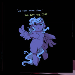 Size: 1066x1067 | Tagged: safe, artist:binibean, princess luna, comic:soul snatcher au, black background, dialogue, eyes closed, female, filly, filly luna, floppy ears, foal, g4, implied clover the clever, implied star swirl the bearded, imported from derpibooru, offscreen character, pegasus, pegasus luna, pony, race swap, simple background, woona, younger