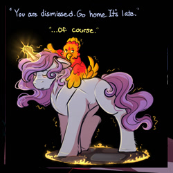 Size: 1066x1067 | Tagged: safe, artist:binibean, princess celestia, comic:soul snatcher au, cewestia, dialogue, duo, duo female, eyes closed, female, filly, floppy ears, foal, g4, glowing, glowing horn, horn, implied star swirl the bearded, imported from derpibooru, offscreen character, philomena, phoenix, pony, race swap, unicorn, unicorn celestia, younger