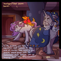 Size: 1066x1067 | Tagged: safe, artist:binibean, princess celestia, comic:soul snatcher au, cewestia, female, filly, foal, g4, imported from derpibooru, male, outdoors, philomena, phoenix, pony, race swap, stallion, star swirl the bearded, trio, unicorn, unicorn celestia, younger
