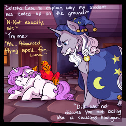 Size: 1066x1067 | Tagged: safe, artist:binibean, princess celestia, comic:soul snatcher au, cewestia, dialogue, female, filly, foal, g4, imported from derpibooru, male, outdoors, philomena, phoenix, pony, race swap, stallion, star swirl the bearded, trio, unicorn, unicorn celestia, younger
