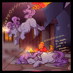 Size: 1066x1067 | Tagged: safe, artist:binibean, princess celestia, comic:soul snatcher au, aaaaaaaaaa, cewestia, comic, dialogue, duo, duo female, falling, female, filly, floppy ears, foal, g4, glowing, glowing horn, horn, imported from derpibooru, outdoors, philomena, phoenix, pony, race swap, unicorn, unicorn celestia, younger