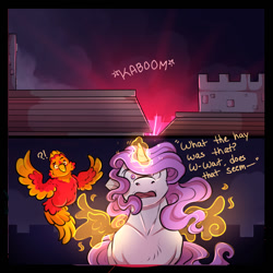 Size: 1066x1067 | Tagged: safe, artist:binibean, princess celestia, comic:soul snatcher au, artificial wings, augmented, cewestia, comic, crenellation, duo, duo female, female, filly, flying, foal, g4, glowing, glowing horn, horn, imported from derpibooru, kaboom, magic, magic wings, outdoors, philomena, phoenix, pony, race swap, shrug, unicorn, unicorn celestia, wings, younger