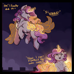 Size: 1066x1067 | Tagged: safe, artist:binibean, princess celestia, comic:soul snatcher au, artificial wings, augmented, cewestia, comic, crenellation, eyes closed, female, filly, floppy ears, flying, foal, g4, glowing, glowing horn, happy, horn, imported from derpibooru, magic, magic wings, open mouth, open smile, pony, race swap, smiling, solo, unicorn, unicorn celestia, wings, younger