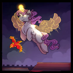 Size: 1066x1067 | Tagged: safe, artist:binibean, princess celestia, comic:soul snatcher au, artificial wings, augmented, blank eyes, cewestia, crenellation, duo, duo female, female, filly, foal, g4, glowing, glowing eyes, glowing horn, horn, imported from derpibooru, magic, magic wings, mare, outdoors, philomena, phoenix, pony, race swap, unicorn, unicorn celestia, wings, younger