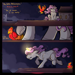 Size: 1066x1067 | Tagged: safe, artist:binibean, princess celestia, comic:soul snatcher au, cewestia, comic, dialogue, female, filly, floppy ears, foal, g4, glowing, glowing horn, horn, imported from derpibooru, outdoors, philomena, phoenix, pony, race swap, running, unicorn, unicorn celestia, younger