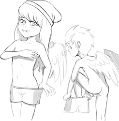 Size: 2886x2932 | Tagged: explicit, artist:crade, balls, banned from derpibooru, barley barrel, bedroom eyes, black and white, butt, cameltoe, changing clothes, clothes, female, grayscale, human, humanized, imported from twibooru, lolicon, looking at you, male, monochrome, nudity, partial nudity, penis, pickle barrel, raised leg, shotacon, topless, underage, winged humanization, wings