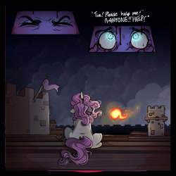 Size: 1066x1067 | Tagged: safe, artist:binibean, princess celestia, princess luna, comic:soul snatcher au, cewestia, close-up, crenellation, duo, duo female, facing away, female, filly, filly luna, fire, foal, g4, glowing, glowing eyes, horn, imported from derpibooru, outdoors, pegasus, pink-mane celestia, pony, race swap, unicorn, unicorn celestia, woona, younger