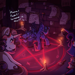 Size: 1000x1000 | Tagged: safe, artist:binibean, princess luna, oc, oc:crimson moon, oc:golden star, comic:soul snatcher au, candle, celestia and luna's father, celestia and luna's mother, female, filly, filly luna, foal, g4, imported from derpibooru, magic, magic circle, male, mare, pegasus, pegasus luna, pony, race swap, ritual, spread wings, stallion, trio, wings, woona, younger