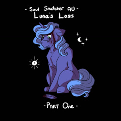 Size: 1066x1067 | Tagged: semi-grimdark, artist:binibean, princess luna, comic:soul snatcher au, black background, bleeding, blood, feather, female, filly, filly luna, foal, g4, horn, imported from derpibooru, pony, race swap, simple background, sitting, solo, unicorn, unicorn luna, woona, younger