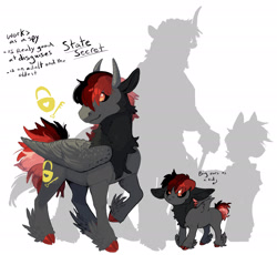 Size: 1920x1769 | Tagged: safe, artist:sandieflower, oc, oc:state secret, big ears, black sclera, cloven hooves, colt, crack ship offspring, feathered fetlocks, floppy ears, foal, horns, hybrid, imported from derpibooru, interspecies offspring, male, oc only, offspring, parent:daring do, parent:lord tirek, pegasus, pony, silhouette, simple background, smiling, solo, stallion, white background
