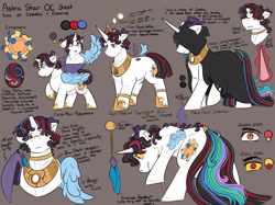 Size: 2743x2048 | Tagged: safe, artist:binibean, oc, oc:astro star, comic:soul snatcher au, alicorn, alicorn oc, broken horn, chaos pony, chaos pony oc, cloak, clothes, colored sclera, colt, crown, foal, frown, gray background, hoof shoes, horn, hybrid, imported from derpibooru, interspecies offspring, jewelry, looking at you, male, mismatched wings, oc only, offspring, parent:discord, parent:princess celestia, parents:dislestia, peytral, pony, princess shoes, reference sheet, regalia, simple background, slit pupils, stallion, text, wings, yellow sclera