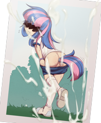 Size: 2044x2476 | Tagged: explicit, artist:pestil, artist:shinodage, anal tail plug, banned from derpibooru, blushing, buttplug, censor bar, censored, cum, embarrassed, female, human, human coloration, humanized, imported from twibooru, lifted leg, lolicon, looking at you, looking back, looking back at you, nudity, outdoors, photo, presenting, sex toy, solo, solo female, stripping, sweat, underage, vulva, wind sprint