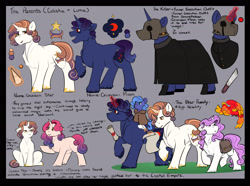 Size: 3000x2236 | Tagged: safe, artist:binibean, princess celestia, princess luna, oc, oc:crimson moon, oc:golden star, comic:soul snatcher au, bag, celestia and luna's father, celestia and luna's mother, cewestia, cloak, clothes, family, female, filly, filly luna, floppy ears, foal, frown, g4, gray background, horn, imported from derpibooru, levitation, magic, male, mare, mask, pegasus, pegasus luna, philomena, phoenix, pony, princess amore, quill, race swap, reference sheet, saddle bag, scoll, simple background, stallion, telekinesis, text, unicorn, unicorn celestia, woona, younger