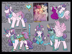 Size: 3000x2236 | Tagged: safe, artist:binibean, princess flurry heart, shining armor, comic:soul snatcher au, armor, baby, baby pony, blah blah blah, colored horn, curved horn, eye scar, facial scar, family photo, female, filly, foal, g4, g5, glowing, glowing horn, gray background, horn, imported from derpibooru, male, mare, mask, older, older flurry heart, opaline arcana, pony, princess cadance, race swap, reference sheet, scar, severed limb, severed wing, ship:shiningcadance, shipping, simple background, slit pupils, stallion, straight, sword, text, unicorn opaline arcana, warrior, warrior flurry heart, weapon, younger
