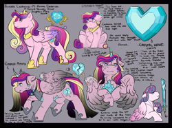 Size: 3000x2236 | Tagged: safe, artist:binibean, princess flurry heart, comic:soul snatcher au, alicorn, chains, corrupted, crystal heart, curved horn, duo, duo female, ears back, female, filly, foal, g4, gray background, horn, horn ring, imported from derpibooru, lock, mare, molting, older, older flurry heart, pegasus, pegasus cadance, pony, princess cadance, reference sheet, ring, scar, simple background, sword, text, weapon