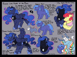 Size: 3000x2236 | Tagged: safe, artist:binibean, apple bloom, princess luna, comic:soul snatcher au, alicorn, back scar, blank eyes, clothes, earth pony, female, filly, filly luna, floppy ears, foal, g4, goldie delicious' shawl, gray background, imported from derpibooru, mare, older, older apple bloom, one wing out, opossum, pegasus, pegasus luna, pony, race swap, reference sheet, scar, shawl, simple background, spread wings, text, tiberius, tree of harmony, unicorn, unicorn luna, veil, wings, woona, younger