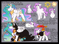 Size: 3000x2236 | Tagged: safe, artist:binibean, princess celestia, comic:soul snatcher au, cewestia, cloak, clothes, death (equine-morphic personification), female, filly, floppy ears, foal, g4, gray background, grim reaper, imported from derpibooru, mare, philomena, phoenix, phoenix egg, pink-mane celestia, pony, race swap, reference sheet, scythe, simple background, text, unicorn, unicorn celestia, younger