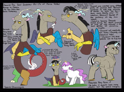 Size: 3000x2236 | Tagged: safe, artist:binibean, princess celestia, comic:soul snatcher au, cewestia, crossed arms, discord, draconequus, female, filly, floral head wreath, flower, foal, g4, horn, imported from derpibooru, male, pink-mane celestia, pony, pony discord, race swap, reference sheet, ship:dislestia, shipping, sitting, straight, text, unicorn, unicorn celestia, young discord, younger