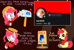 Size: 4032x2724 | Tagged: safe, artist:caraloh, apple bloom, pinkie pie, advertisement, bag, bowtie, clothes, commission info, dialogue, discord (program), duo, duo female, earth pony, female, filly, foal, g4, hat, hoof hold, imported from derpibooru, jacket, letter, looking at you, mailbag, mare, no iris, pony, sitting, smiling, smiling at you, talking to viewer