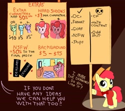Size: 3200x2840 | Tagged: safe, artist:caraloh, apple bloom, pinkie pie, advertisement, bowtie, clothes, commission info, dialogue, earth pony, female, filly, foal, g4, hat, hoof hold, imported from derpibooru, jacket, mare, no pupils, offscreen character, open mouth, open smile, pony, sign, smiling, solo, text