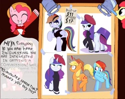 Size: 3527x2812 | Tagged: safe, artist:caraloh, apple bloom, applejack, pinkie pie, rainbow dash, rarity, advertisement, beatnik rarity, beret, bowtie, choker, clothes, duo, duo female, earth pony, exclamation point, eyes closed, eyeshadow, female, filly, foal, g4, grin, hat, horn, imported from derpibooru, legwear, looking at you, makeup, mare, mouth hold, pegasus, pony, slapping, smiling, smiling at you, spiked choker, spotlight, sweater, talking to viewer, thigh highs, unicorn, vest