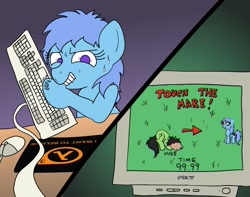 Size: 1119x884 | Tagged: safe, artist:dhm, oc, oc:filly anon, oc:time crunch, blue coat, earth pony, female, filly, foal, g4, game, grass, half-life, imported from derpibooru, keyboard, mouse, pony, purple mane, table, title card