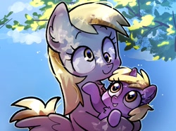 Size: 2732x2048 | Tagged: safe, artist:izuchi, cloud, cute, derpabetes, derpy hooves, dinkabetes, dinky hooves, duo, duo female, equestria's best daughter, equestria's best mother, female, filly, foal, g4, headcanon, horn, imported from derpibooru, mare, mother and child, mother and daughter, outdoors, pegasus, pony, tree branch, unicorn