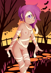 Size: 2480x3508 | Tagged: explicit, artist:fearingfun, scootaloo, bandage, banned from derpibooru, blushing, breasts, clothes, costume, edit, female, halloween, halloween costume, holiday, human, human coloration, humanized, imported from twibooru, lolicon, looking at you, mummy, nightmare night, nipples, nudity, solo, underage, vulva, young