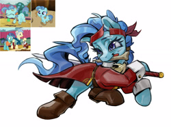 Size: 3150x2362 | Tagged: safe, artist:seventy jiu, bandana, bone, boots, brown boots, clothes, earth pony, female, filly, foal, full body, g4, imported from derpibooru, jacket, long sleeves, mouth hold, mr. paleo, mrs. paleo, my little pony: friendship is magic, petunia paleo, pirate costume, pony, red jacket, reference used, screencap reference, shoes, simple background, solo, sword, the fault in our cutie marks, weapon, white background