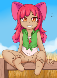 Size: 2200x3000 | Tagged: explicit, artist:fearingfun, apple bloom, banned from derpibooru, bottomless, clothes, edit, feet, female, fence, human, human coloration, humanized, imported from twibooru, lolicon, looking at you, moderate dark skin, nudity, partial nudity, sitting, sitting on fence, smiling, solo, underage, vulva, young