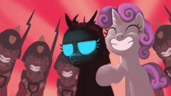 Size: 1280x720 | Tagged: safe, artist:mick-o-maikeru, sweetie belle, changeling, clothes, eyes closed, female, filly, foal, frown, g4, grin, gun, hat, horn, implied rarity, imported from derpibooru, pony, raised hoof, scootertrix the abridged, smiling, soldier, unicorn, uniform, weapon