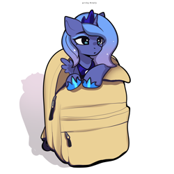 Size: 1718x1718 | Tagged: safe, artist:nnaly, princess luna, series:nnaly's daily luna, alicorn, backpack, bag, cute, female, filly, filly luna, foal, g4, gradient mane, imported from derpibooru, pony, pony in a bag, s1 luna, simple background, smol, solo, sparkles, sparkly mane, white background, woona, younger