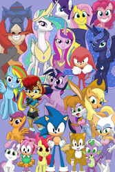Size: 3600x5400 | Tagged: safe, artist:soniccomicart, apple bloom, applejack, fluttershy, pinkie pie, princess celestia, princess luna, rainbow dash, rarity, scootaloo, spike, sweetie belle, twilight sparkle, alicorn, amy rose, bat, bunnie rabbot, chipmunk, crossover, cutie mark crusaders, doctor eggman, dragon, earth pony, echidna, female, filly, foal, fox, g4, hedgehog, horn, human, imported from derpibooru, knuckles the echidna, male, mane seven, mane six, mare, miles "tails" prower, mobian, pegasus, pony, princess cadance, rabbit, robot, rouge the bat, sally acorn, sonic the hedgehog, sonic the hedgehog (series), swat-bot, unicorn
