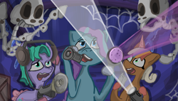 Size: 3580x2040 | Tagged: safe, artist:ponykatze, bone, crate, digital art, earth pony, emf reader, female, filly, flashlight (object), foal, g5, glory (g5), haunted house, headphones, horn, horror, imported from derpibooru, krita, microphone, peach fizz, pegasus, pippsqueak trio, pony, scared, seashell (g5), skeleton, spider web, spooky, thumbnail, trio, trio female, unicorn, uv light, video camera, worried, youtube thumbnail