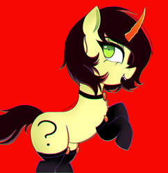 Size: 1797x1854 | Tagged: safe, artist:pyromaneiac, oc, oc:filly anon, choker, clothes, female, filly, foal, horn, ibispaint, imported from derpibooru, legwear, lidded eyes, looking back, looking up, oc only, open mouth, open smile, red background, shrunken pupils, simple background, smiling, solo, unicorn, unicorn oc, wizard101