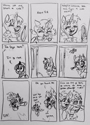 Size: 2241x3112 | Tagged: safe, artist:pony quarantine, oc, oc:dyx, oc:hyx, oc:nyx, series:pq funnies, alicorn, biting, bucktooth, bust, comic, comic strip, corn, dialogue, eating, escape, female, filly, flying, foal, food, freckles, frown, grayscale, implied peeing, imported from derpibooru, looking at you, monochrome, oc only, open mouth, open smile, pencil drawing, pony, smiling, smiling at you, traditional art, trio, trio female, windswept mane