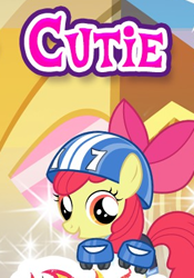 Size: 282x404 | Tagged: safe, apple bloom, cropped, english, female, filly, foal, g4, gameloft, helmet, imported from derpibooru, looking at you, meme, one word, open mouth, open smile, pony, smiling, solo, text, wow! glimmer
