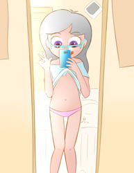 Size: 2975x3850 | Tagged: explicit, artist:vsdrawfag, silver spoon, banned from derpibooru, bedroom, belly button, breasts, cameltoe, clothes, delicious flat chest, exposed belly, female, glasses, human, humanized, imported from twibooru, lolicon, looking at phone, mirror, panties, phone, pixiv, selfie, taking a photo, tongue out, underage, underwear, vulva outline