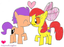 Size: 894x656 | Tagged: safe, artist:amyandluigifan, apple bloom, boop, colt, duo, duo male and female, earth pony, female, filly, foal, g4, imported from derpibooru, male, noseboop, raised hoof, ship:tenderbloom, shipping, simple background, straight, tender taps, white background
