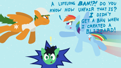 Size: 1920x1080 | Tagged: safe, rainbow dash, oc, oc:colt anon, angry, anonymous artist, colt, dialogue, earth pony, female, flying, foal, g4, glare, imported from derpibooru, looking at each other, looking at someone, male, mare, messy mane, narrowed eyes, no pupils, open mouth, outdoors, pegasus, pony, rainbow trail, sky, snow, snowfall, stallion, trio, weather factory uniform