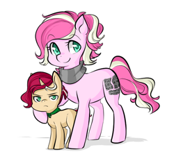 Size: 600x550 | Tagged: safe, artist:glacierclear, oc, oc:rosebud, oc:rosetta stone, ascot, clothes, commission, duo, duo female, earth pony, eyebrows, eyebrows visible through hair, female, filly, foal, frown, horn, imported from derpibooru, looking at you, mare, mother and child, mother and daughter, oc only, pony, scarf, simple background, smiling, smiling at you, striped scarf, unicorn, white background