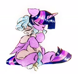 Size: 2048x1958 | Tagged: safe, artist:liaaqila, twilight sparkle, a better ending for cozy, alicorn, bow, cozy glow, crying, curled mane, curly mane, duo, eyebrows, eyes closed, feathered wings, female, filly, floppy ears, foal, folded wings, g4, hug, imported from derpibooru, mare, pegasus, pony, sad, simple background, tail, tail bow, traditional art, white background, wings