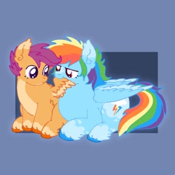 Size: 1280x1280 | Tagged: safe, artist:novastroid_, rainbow dash, scootaloo, assisted preening, blue hooves, cute, cutealoo, dashabetes, duo, duo female, ear fluff, feathered wings, female, filly, foal, folded wings, found family, g4, grooming, hooves, imported from derpibooru, lidded eyes, lying down, mare, multicolored hair, nom, older sister, orange hooves, partially open wings, passepartout, pegasus, pegasus wings, pony, preening, prone, rainbow dash redesign, rainbow hair, redesign, scootaloo redesign, scootalove, short mane, sibling love, siblings, sisterly love, sisters, sitting, small wings, tomboy, unshorn fetlocks, wings