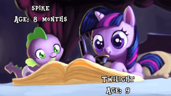 Size: 1280x720 | Tagged: safe, artist:mick-o-maikeru, spike, twilight sparkle, baby, baby dragon, baby spike, book, cute, dragon, female, filly, filly twilight sparkle, foal, friendship is for adults, g4, horn, imported from derpibooru, phone, pony, spikabetes, text, twiabetes, unicorn, unicorn twilight, wingless spike, younger
