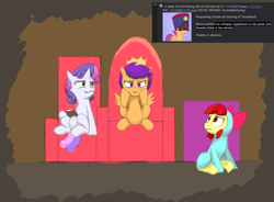 Size: 1200x884 | Tagged: safe, artist:anonymous, apple bloom, scootaloo, sweetie belle, advisor, apple bloom is not amused, colored, cutie mark crusaders, drawthread, earth pony, female, filly, foal, g4, horn, imported from derpibooru, jester, king, pegasus, requested art, sad, sitting, trio, unamused, unicorn, wip
